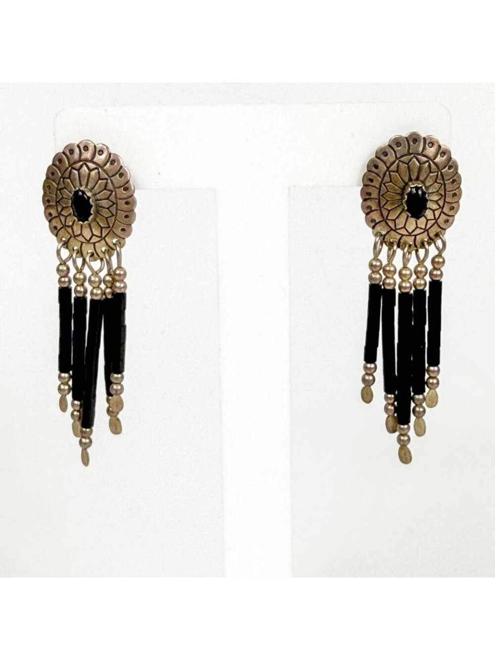 Southwestern Sterling Silver Black Onyx Conch Oval Fringe Dangle Earrings 2”